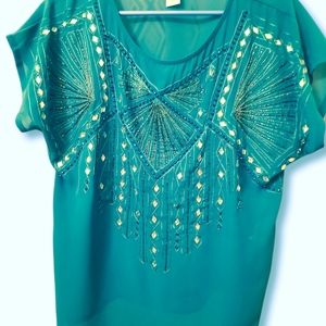 Nice teal green jeweled blouse size Med, Monroe